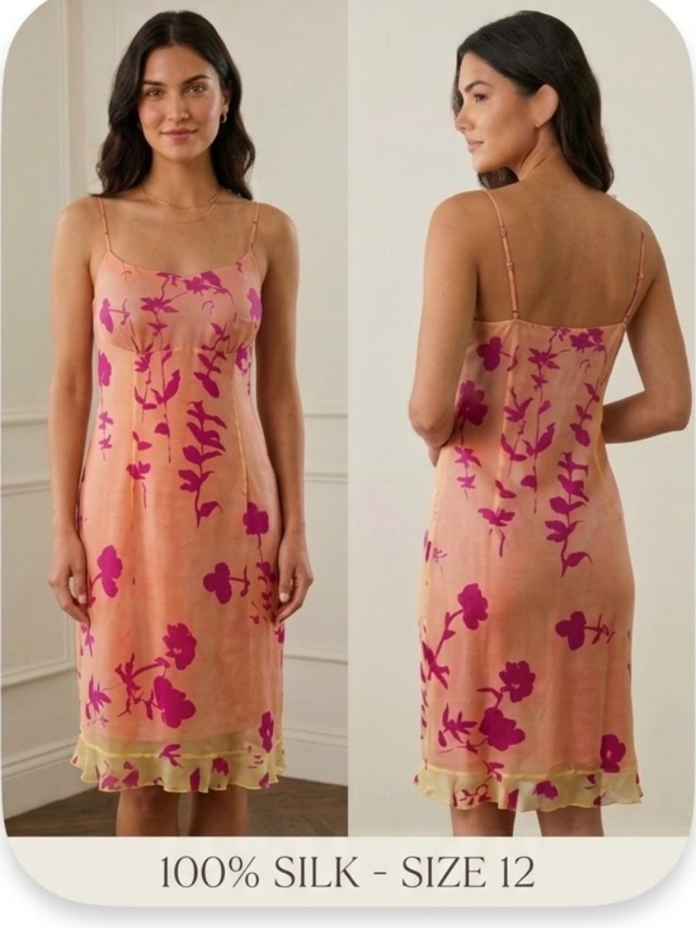 VINTAGE Peach & Fuchsia Floral Silk Midi Dress – Size 12 and 100% Silk